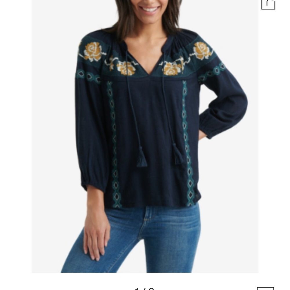 LUCKY BRAND Embroidered Peasant Top In Navy Multi